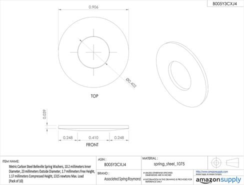 Metric Carbon Steel Belleville Spring Washers, 10.2 millimeters Inner Diameter, 20 millimeters Outside Diameter, 1.55 millimeters Free Height, 1.14 millimeters Compressed Height, 1424 newtons Max. Load (Pack of 10) in Saudi Arabia