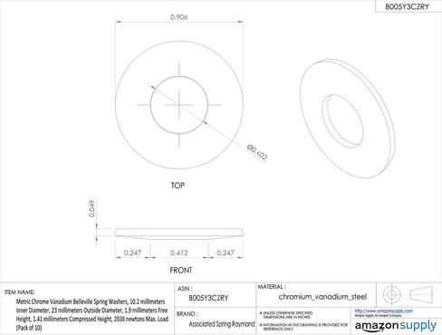 Metric Carbon Steel Belleville Spring Washers, 10.2 millimeters Inner Diameter, 20 millimeters Outside Diameter, 1.55 millimeters Free Height, 1.14 millimeters Compressed Height, 1424 newtons Max. Load (Pack of 10) in Saudi Arabia