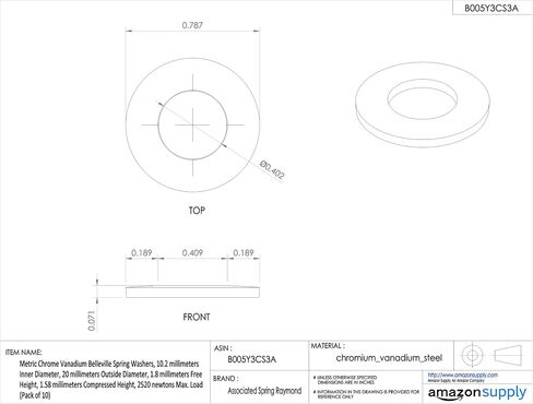 Metric Carbon Steel Belleville Spring Washers, 10.2 millimeters Inner Diameter, 20 millimeters Outside Diameter, 1.55 millimeters Free Height, 1.14 millimeters Compressed Height, 1424 newtons Max. Load (Pack of 10) in Saudi Arabia