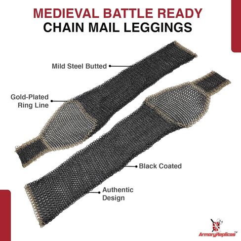 Armory Replicas™ Leg Pair Chainmail Black/Gold - Mild Steel Armor, 10/16 Ring Size, Decorative Leg Protection in Saudi Arabia
