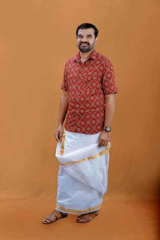 Men’s Dhoti/Mundu/Veshti – Pure Cotton Double Layer Mundu with 2" Kasavu/Jari Border in Saudi Arabia