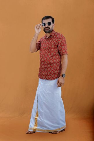 Men’s Dhoti/Mundu/Veshti – Pure Cotton Double Layer Mundu with 2" Kasavu/Jari Border in Saudi Arabia