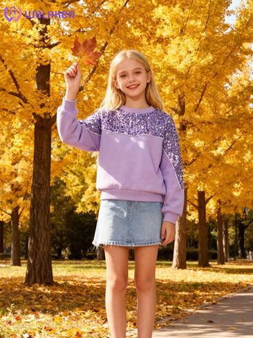 WELAKEN Girls Sequin Sweatshirt Kids Sparkle Crewneck Long Sleeve Pullover Tops in Kuwait