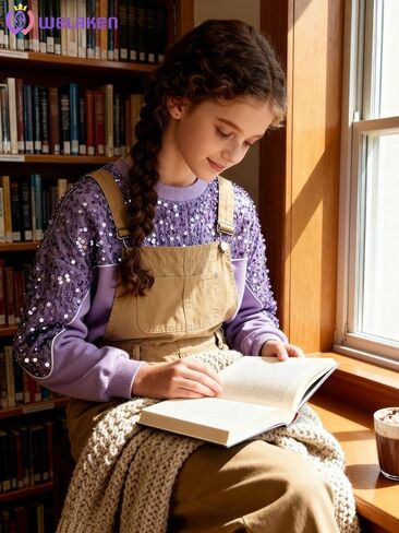 WELAKEN Girls Sequin Sweatshirt Kids Sparkle Crewneck Long Sleeve Pullover Tops in Kuwait