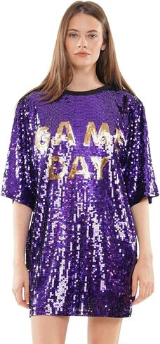 2 Chique Boutique Women's Game Day Sequin T Shirt Dress Purple and Gold equins على جانب واحد in Saudi Arabia