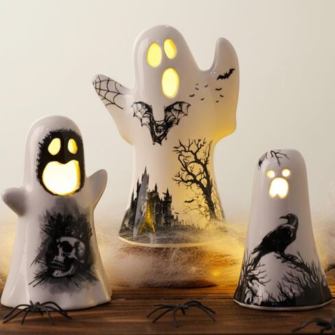 Yalikop 3 Pcs Ceramic Ghost Light up Decor Halloween Spooky Ghost Skull Decorations Indoor Gothic Vintage White Spider Web, Crow Raven Tabletop Decorations for Home Figurines Holiday Party in Saudi Arabia