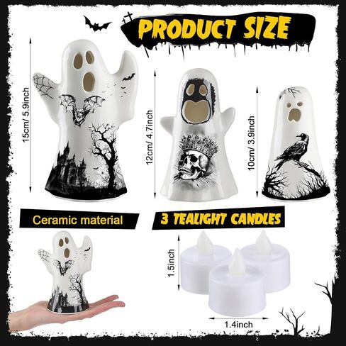 Yalikop 3 Pcs Ceramic Ghost Light up Decor Halloween Spooky Ghost Skull Decorations Indoor Gothic Vintage White Spider Web, Crow Raven Tabletop Decorations for Home Figurines Holiday Party in Saudi Arabia