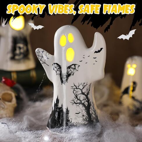 Yalikop 3 Pcs Ceramic Ghost Light up Decor Halloween Spooky Ghost Skull Decorations Indoor Gothic Vintage White Spider Web, Crow Raven Tabletop Decorations for Home Figurines Holiday Party in Saudi Arabia