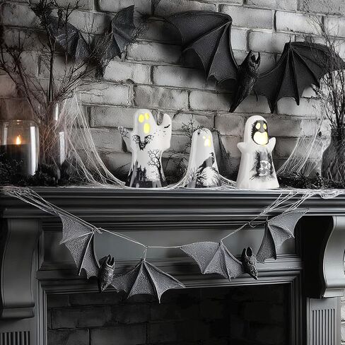 Yalikop 3 Pcs Ceramic Ghost Light up Decor Halloween Spooky Ghost Skull Decorations Indoor Gothic Vintage White Spider Web, Crow Raven Tabletop Decorations for Home Figurines Holiday Party in Saudi Arabia