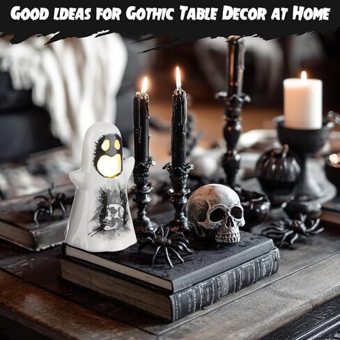 Yalikop 3 Pcs Ceramic Ghost Light up Decor Halloween Spooky Ghost Skull Decorations Indoor Gothic Vintage White Spider Web, Crow Raven Tabletop Decorations for Home Figurines Holiday Party in Saudi Arabia