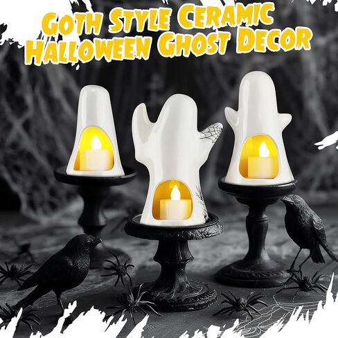 Yalikop 3 Pcs Ceramic Ghost Light up Decor Halloween Spooky Ghost Skull Decorations Indoor Gothic Vintage White Spider Web, Crow Raven Tabletop Decorations for Home Figurines Holiday Party in Saudi Arabia