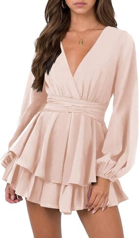 Nova In Sky Womens Sexy V Neck Long Sleeve Tie Waist Ruffle Hem Flowy Swing Mini Short Wrap Dress in Saudi Arabia