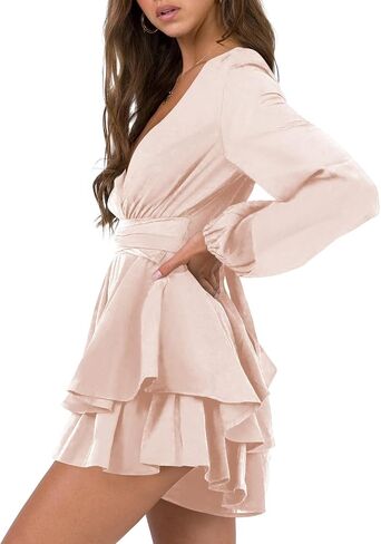 Nova In Sky Womens Sexy V Neck Long Sleeve Tie Waist Ruffle Hem Flowy Swing Mini Short Wrap Dress in Saudi Arabia