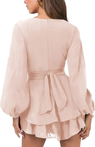 Nova In Sky Womens Sexy V Neck Long Sleeve Tie Waist Ruffle Hem Flowy Swing Mini Short Wrap Dress in Saudi Arabia