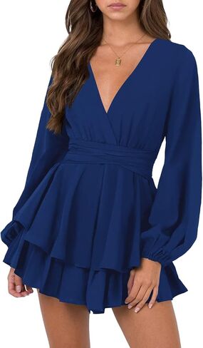 Nova In Sky Womens Sexy V Neck Long Sleeve Tie Waist Ruffle Hem Flowy Swing Mini Short Wrap Dress in Saudi Arabia