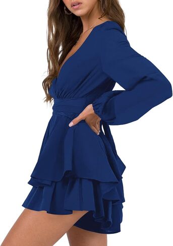 Nova In Sky Womens Sexy V Neck Long Sleeve Tie Waist Ruffle Hem Flowy Swing Mini Short Wrap Dress in Saudi Arabia