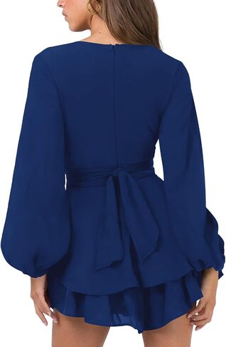 Nova In Sky Womens Sexy V Neck Long Sleeve Tie Waist Ruffle Hem Flowy Swing Mini Short Wrap Dress in Saudi Arabia