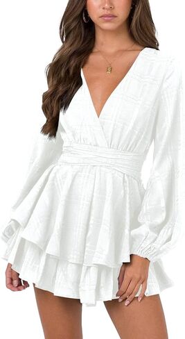Nova In Sky Womens Sexy V Neck Long Sleeve Tie Waist Ruffle Hem Flowy Swing Mini Short Wrap Dress in Saudi Arabia