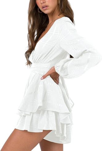 Nova In Sky Womens Sexy V Neck Long Sleeve Tie Waist Ruffle Hem Flowy Swing Mini Short Wrap Dress in Saudi Arabia