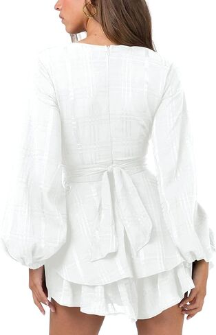 Nova In Sky Womens Sexy V Neck Long Sleeve Tie Waist Ruffle Hem Flowy Swing Mini Short Wrap Dress in Saudi Arabia