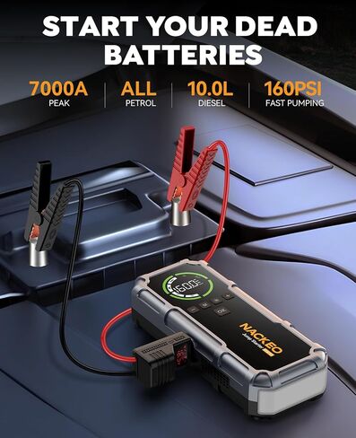 Portable Car Jump Starter with Air Compressor 7000A 160PSI, NACKEO Car Battery Jump Starter (All Gas/10L Diesel),12V Jump Box Car Battery Jumper Starter Portable with Large LCD Display, 500lm Lights in Kuwait