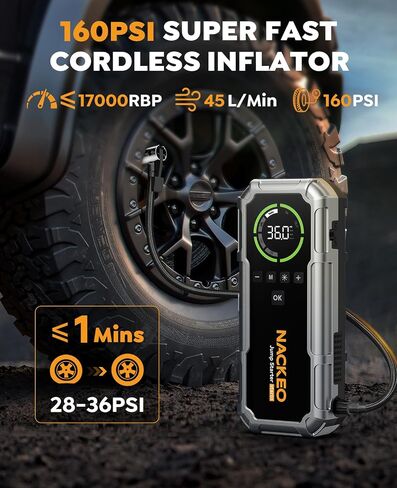 Portable Car Jump Starter with Air Compressor 7000A 160PSI, NACKEO Car Battery Jump Starter (All Gas/10L Diesel),12V Jump Box Car Battery Jumper Starter Portable with Large LCD Display, 500lm Lights in Kuwait