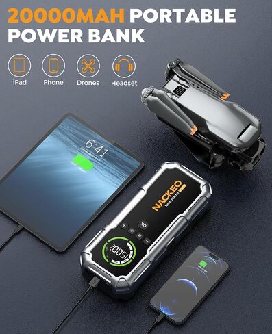 Portable Car Jump Starter with Air Compressor 7000A 160PSI, NACKEO Car Battery Jump Starter (All Gas/10L Diesel),12V Jump Box Car Battery Jumper Starter Portable with Large LCD Display, 500lm Lights in Kuwait