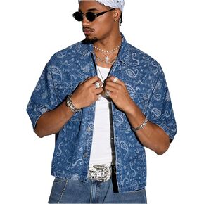 GORGLITTER Men's Jean Jacket Western Paisley Print Denim Shirt Button Up Half Sleeve Pocket Patched Shirts in Saudi Arabia
