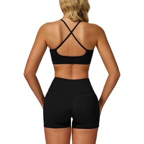 Women 2 Piece Workout Set Spaghetti Straps Cross Back Sports Bra V High Waist Biker Shorts Gym Outfit with Pocket in Kuwait