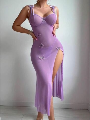 Kaylle & KT Women's Sexy Lingerie Side Slits Maxi Mesh Dress Butterfly Babydoll One Piece مع Thong in Kuwait