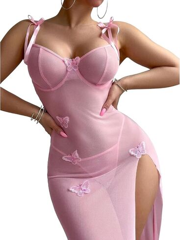 Kaylle & KT Women's Sexy Lingerie Side Slits Maxi Mesh Dress Butterfly Babydoll One Piece مع Thong in Kuwait