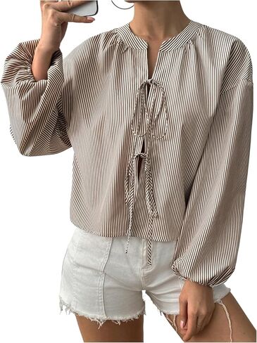 SweatyRocks Women's Striped Bow Long Sleeve Shirts Tie Front Loose Blouse Going Out Tops in Saudi Arabia