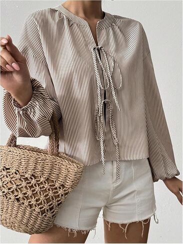 SweatyRocks Women's Striped Bow Long Sleeve Shirts Tie Front Loose Blouse Going Out Tops in Saudi Arabia