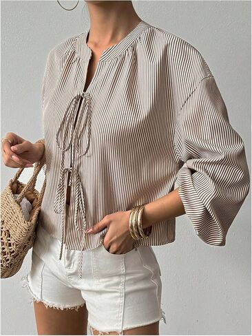 SweatyRocks Women's Striped Bow Long Sleeve Shirts Tie Front Loose Blouse Going Out Tops in Saudi Arabia