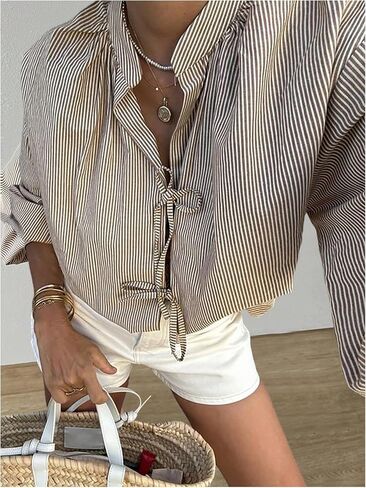 SweatyRocks Women's Striped Bow Long Sleeve Shirts Tie Front Loose Blouse Going Out Tops in Saudi Arabia