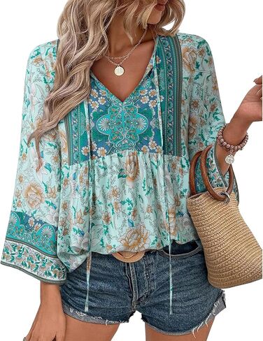Unixseque Summer Boho Womens Tops Ploral Print Dary Dasy V-Diac Tie Tie Tie Tear Trendy Fall 3/4 Sleeve Blouses in Kuwait