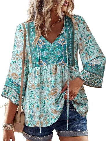 Unixseque Summer Boho Womens Tops Ploral Print Dary Dasy V-Diac Tie Tie Tie Tear Trendy Fall 3/4 Sleeve Blouses in Kuwait