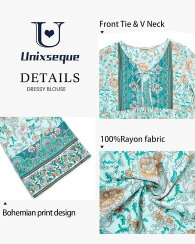 Unixseque Summer Boho Womens Tops Ploral Print Dary Dasy V-Diac Tie Tie Tie Tear Trendy Fall 3/4 Sleeve Blouses in Kuwait