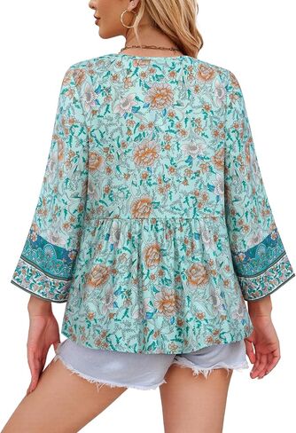 Unixseque Summer Boho Womens Tops Ploral Print Dary Dasy V-Diac Tie Tie Tie Tear Trendy Fall 3/4 Sleeve Blouses in Kuwait