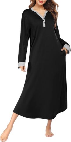 Ekouaer Womens Lightgown Longwear V v Night Shirtwear ملابس نوم كاملة الطول مع جيوب in Saudi Arabia