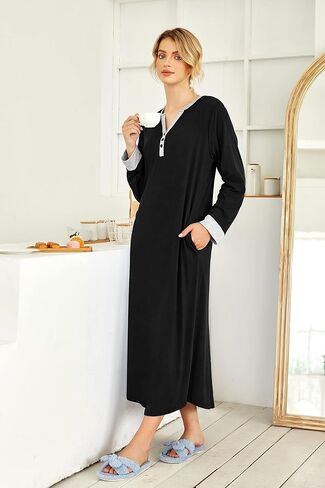 Ekouaer Womens Lightgown Longwear V v Night Shirtwear ملابس نوم كاملة الطول مع جيوب in Saudi Arabia
