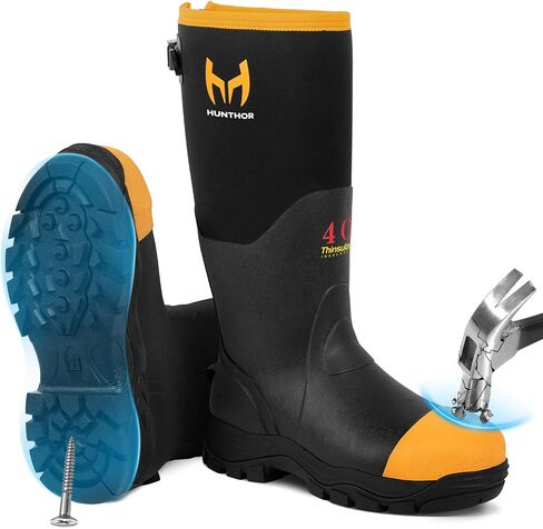 Rubber Work Boots for Men with Steel Toe, 400g Insulated, 1100N Puncture-Proof Hunting Boots with 7mm Neoprene Waterproof and EVA Midsole, Back Gusset, Ideal for Work,Farming Fishing Size 7-14 in Saudi Arabia