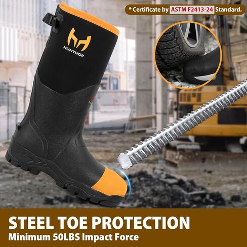 Rubber Work Boots for Men with Steel Toe, 400g Insulated, 1100N Puncture-Proof Hunting Boots with 7mm Neoprene Waterproof and EVA Midsole, Back Gusset, Ideal for Work,Farming Fishing Size 7-14 in Saudi Arabia