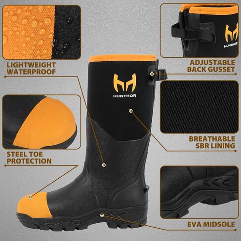 Rubber Work Boots for Men with Steel Toe, 400g Insulated, 1100N Puncture-Proof Hunting Boots with 7mm Neoprene Waterproof and EVA Midsole, Back Gusset, Ideal for Work,Farming Fishing Size 7-14 in Saudi Arabia
