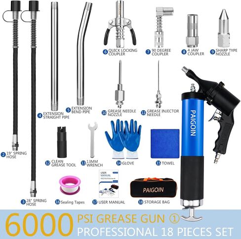 مجموعة Greas Gun Kit 8000 بوصة مربعة بوصات ثقيلة 14 أوقية مسدس القبضة مدافع الشحوم مع 19 "و 28" خرطوم فليكس الربيع ، مقرن سريع الإصدار ، محول 90 درجة ، نصيحة إبرة ، فوهتين ، 2 أنابيب التمديد in Kuwait