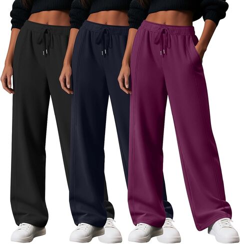 Huukaey 3 Pack Women's Wide Leg Pants High Phenged Pants Lounge Draysring Adhictring Adhictring Woggers مع جيوب in Saudi Arabia