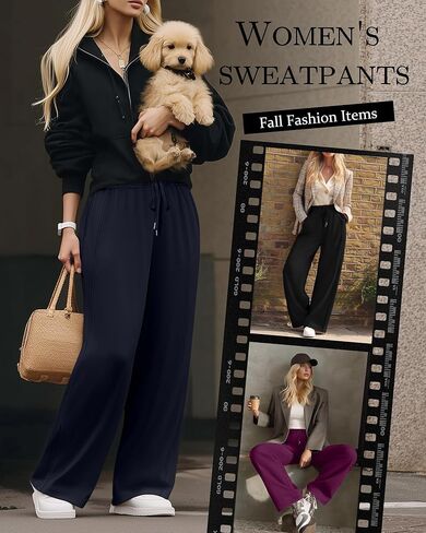 Huukaey 3 Pack Women's Wide Leg Pants High Phenged Pants Lounge Draysring Adhictring Adhictring Woggers مع جيوب in Saudi Arabia