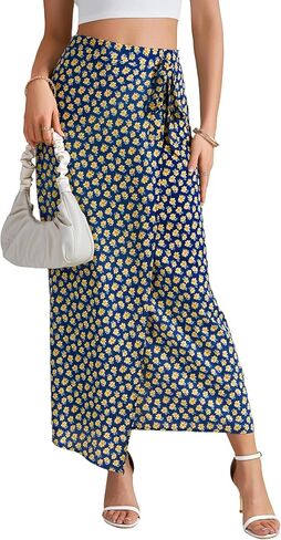 Lyaner Women's Floral Print Wrap High Pherced Zipper Tie Knot Boho Beach Long Tkirt in Saudi Arabia
