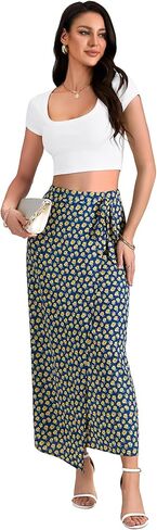Lyaner Women's Floral Print Wrap High Pherced Zipper Tie Knot Boho Beach Long Tkirt in Saudi Arabia