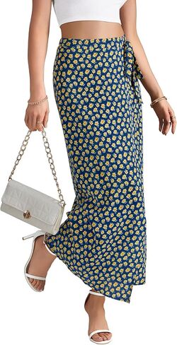 Lyaner Women's Floral Print Wrap High Pherced Zipper Tie Knot Boho Beach Long Tkirt in Saudi Arabia